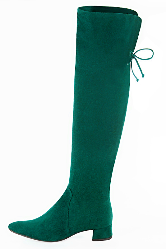 Emerald green women's leather thigh-high boots. Tapered toe. Low flare heels. Made to measure. Profile view - Florence KOOIJMAN